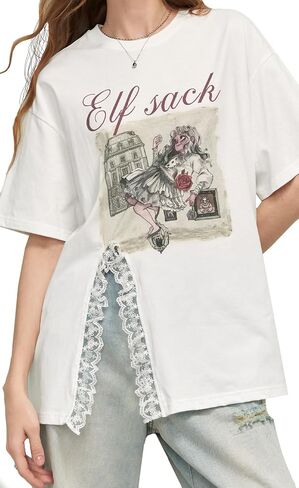 Women's Graphic Print T-Shirt with Lace Trim Hem and Side Slit, Soft Crewneck Casual Tee, Cute Sweet Tops in Saudi Arabia
