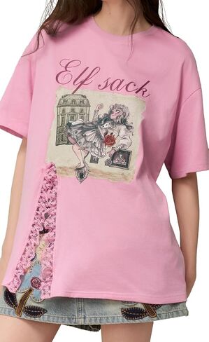 Women's Graphic Print T-Shirt with Lace Trim Hem and Side Slit, Soft Crewneck Casual Tee, Cute Sweet Tops in Saudi Arabia
