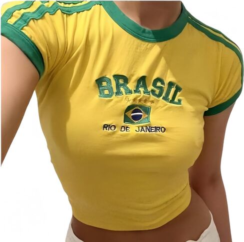 Vintage Graphic Baby Tees for Women Brazil Shirt Y2k Tops Mexico Crop Top Jersey 2000s Summer Going Out Tops in Saudi Arabia