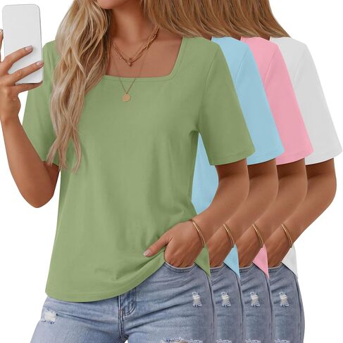 Ficerd 4 Pack Women's Half Sleeve Top Square Neck Elbow Length T Shirts 1/2 Sleeve Loose Fit Casual Basic Summer Tees in Kuwait