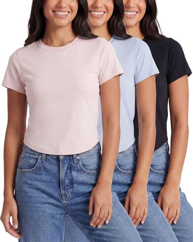 Real Essentials 3 Pack: Women's Cropped Cap Sleeve T Shirts Cotton Crew Neck Short Sleeve Tees Casual Going Out Summer Tops in Kuwait