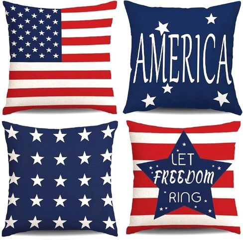 Hongsome 4th of July Throw Pillow Covers 18x18in Set of 4,Patriotic Pillow Case for Independence Day,Memorial Day,Veteran's Day,USA,American Summer Outdoor Red White Blue Decorations in Saudi Arabia