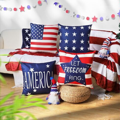 Hongsome 4th of July Throw Pillow Covers 18x18in Set of 4,Patriotic Pillow Case for Independence Day,Memorial Day,Veteran's Day,USA,American Summer Outdoor Red White Blue Decorations in Saudi Arabia