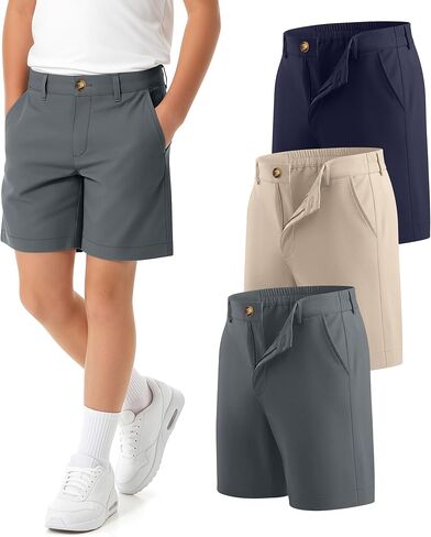 3 Pack Boys Golf Shorts Chino Back Elastic Waist Flat Front Twill School Uniform Shorts with Pockets for Kids in Kuwait