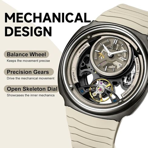 Skeleton Watch for Men with Luminous Dial - 43mm Automatic Mechanical Watch, 5ATM Water Resistant, Silicone Strap - Model 8127 in Saudi Arabia