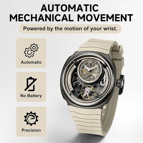 Skeleton Watch for Men with Luminous Dial - 43mm Automatic Mechanical Watch, 5ATM Water Resistant, Silicone Strap - Model 8127 in Saudi Arabia