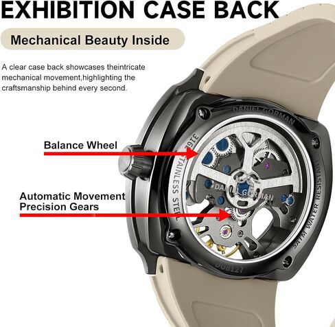 Skeleton Watch for Men with Luminous Dial - 43mm Automatic Mechanical Watch, 5ATM Water Resistant, Silicone Strap - Model 8127 in Saudi Arabia