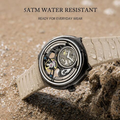 Skeleton Watch for Men with Luminous Dial - 43mm Automatic Mechanical Watch, 5ATM Water Resistant, Silicone Strap - Model 8127 in Saudi Arabia