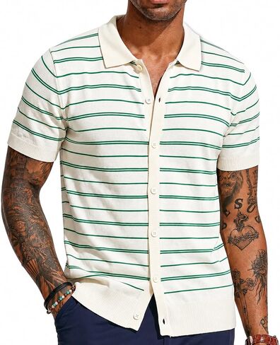 Men's Striped Knit Polo Shirts Short Sleeve Button Down T-Shirts Summer Beach Casual Golf Shirts in Kuwait