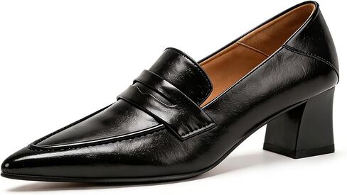 Womens Genuine Leather Pointed Toe Chunky Heels Loafer Shoes Classic Stylish Comfortable Slip-On Dress Pumps for Business Wedding Fomal Occasions in Saudi Arabia