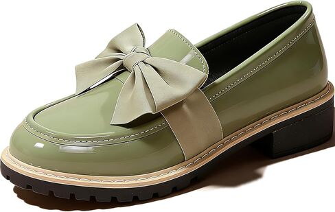 Women's Patent Leather Bow Chunky Heel Loafers Fashion Round Toe Lug Sole Low Block Heel Elegant Dress Shoes for Everyday Business School Office Work Wear in Saudi Arabia