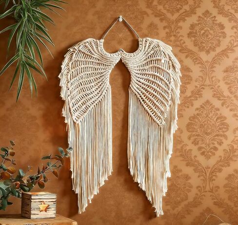 seebemxx Angel Wings Wall Decor, Macrame Wall Hanging Tapestry, Woven Boho Tapestry with Long Tassels, Bohemian Cotton Handmade Home Decor for Wedding, Living Room, Bedroom in Saudi Arabia