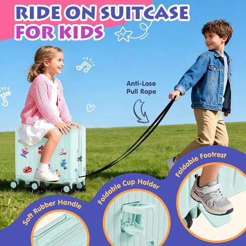 smilesun Kids Ride-On Luggage, 20" Hardshell Carry-On Suitcase with 6 Spinner Wheels, Foldable Pedal, Hidden Cup Holder & Combination Lock for Toddlers & Children (Green, 20-inch) in Saudi Arabia