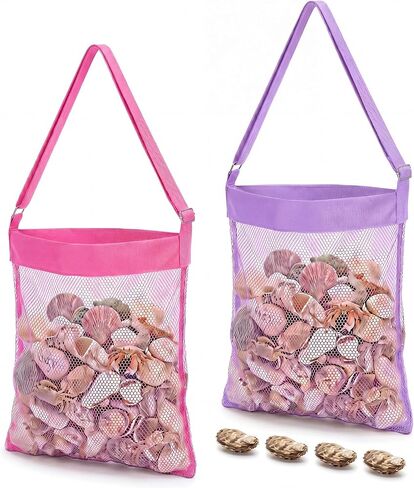 VioraWhite 4 Pcs Extra Large 14 x 16inch Clam Mesh Chum Beach Bags for Seashells Clams Treasures Sand Away Foldable Shell Collection Bags with Adjustable Straps (Pink,Purple,Blue,Light Green) in Kuwait