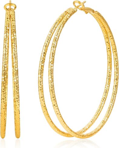 Senteria 14K Gold Plated Sterling Silver Post Hypoallergenic Sparkling Diamond Cut Double Hoop Earrings Lightweight Thin Hoops Earrings for Women Gift 25/30/40/50MM in Kuwait