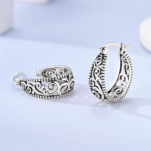 Vintage Filigree Hoop Earrings for Women 925 Sterling Silver Scrollwork Huggie Hoops Hypoallergenic Lightweight Retro Trendy Jewelry in Kuwait