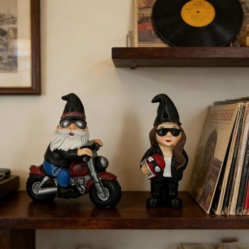 2 Pack Biker Gnomes Resin Figurines, Motorcycle Riding Swedish Tomte Gnomes Decor, Collectible Tabletop Tiered Tray Decor for Home Farmhouse Coffee Bar Office (Black) in Kuwait