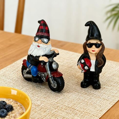 2 Pack Biker Gnomes Resin Figurines, Motorcycle Riding Swedish Tomte Gnomes Decor, Collectible Tabletop Tiered Tray Decor for Home Farmhouse Coffee Bar Office (Black) in Kuwait