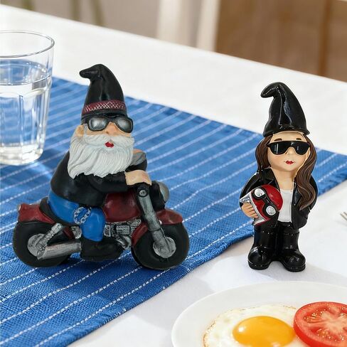 2 Pack Biker Gnomes Resin Figurines, Motorcycle Riding Swedish Tomte Gnomes Decor, Collectible Tabletop Tiered Tray Decor for Home Farmhouse Coffee Bar Office (Black) in Kuwait