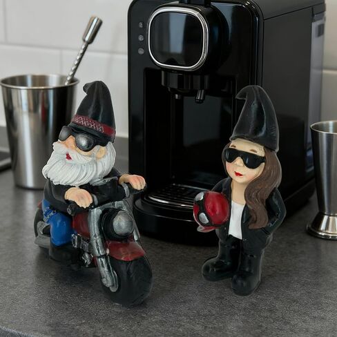 2 Pack Biker Gnomes Resin Figurines, Motorcycle Riding Swedish Tomte Gnomes Decor, Collectible Tabletop Tiered Tray Decor for Home Farmhouse Coffee Bar Office (Black) in Kuwait