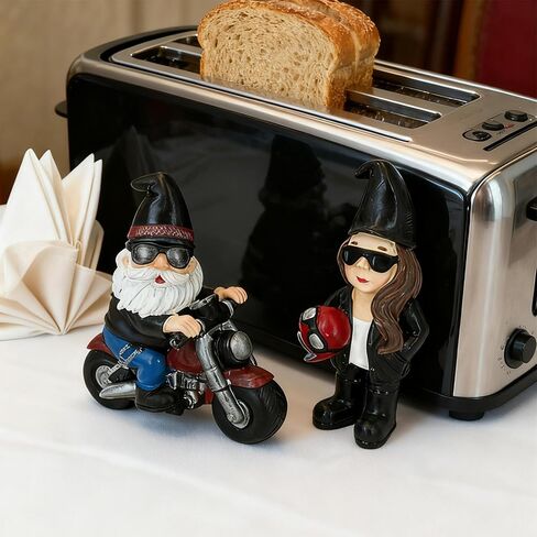 2 Pack Biker Gnomes Resin Figurines, Motorcycle Riding Swedish Tomte Gnomes Decor, Collectible Tabletop Tiered Tray Decor for Home Farmhouse Coffee Bar Office (Black) in Kuwait