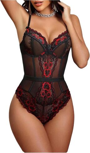 OYOANGLE Women's Floral Lace Mesh Corset Lingerie Bodysuit One Piece Underwire Babydoll Sleepwear in Kuwait