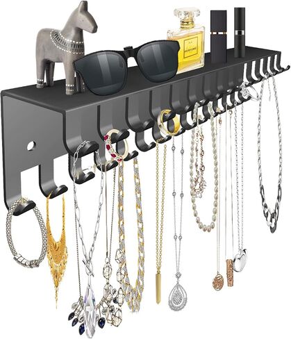Necklace Jewelry Holder Wall Hanging Organizer Hangers Storage Mounted Shelf with 56 Hooks Tray Display Girls Women Metal Door Earring Mount Key Chains Rack (Gold) in Saudi Arabia