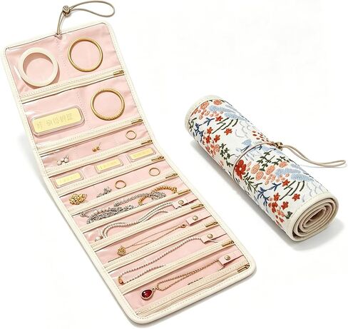 Vintage Embroidery Jewelry Roll Organizer - Portable Travel Jewelry Case with Zippered Pockets & Snap Buttons, Necklace Earring Ring Storage Holder for Women, Travel Essentials & Gift (White) in Saudi Arabia