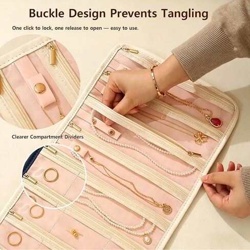 Vintage Embroidery Jewelry Roll Organizer - Portable Travel Jewelry Case with Zippered Pockets & Snap Buttons, Necklace Earring Ring Storage Holder for Women, Travel Essentials & Gift (White) in Saudi Arabia