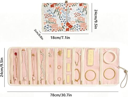 Vintage Embroidery Jewelry Roll Organizer - Portable Travel Jewelry Case with Zippered Pockets & Snap Buttons, Necklace Earring Ring Storage Holder for Women, Travel Essentials & Gift (White) in Saudi Arabia