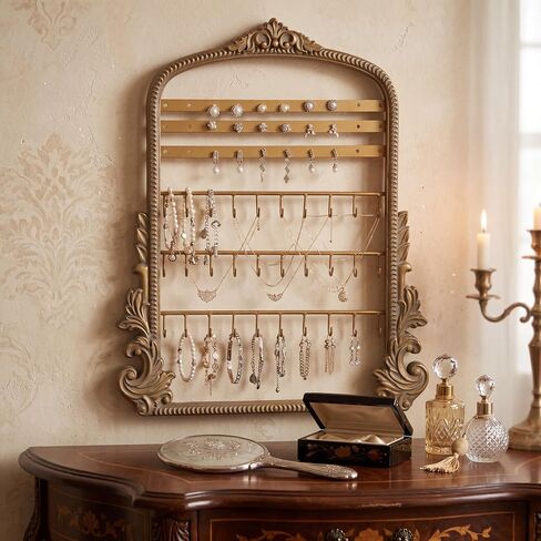 Wonderjune 20 x 15in Large Hanging Jewelry Organizer, Vintage Gold Arched Frame Earring Holder for Necklaces Rings Bracelets, Wall Mount Decorative Jewelry Rack for Vendors in Kuwait