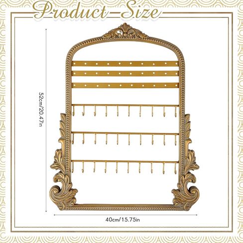 Wonderjune 20 x 15in Large Hanging Jewelry Organizer, Vintage Gold Arched Frame Earring Holder for Necklaces Rings Bracelets, Wall Mount Decorative Jewelry Rack for Vendors in Kuwait