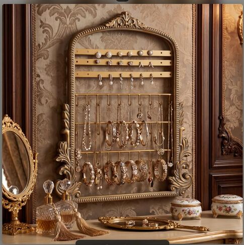 Wonderjune 20 x 15in Large Hanging Jewelry Organizer, Vintage Gold Arched Frame Earring Holder for Necklaces Rings Bracelets, Wall Mount Decorative Jewelry Rack for Vendors in Kuwait