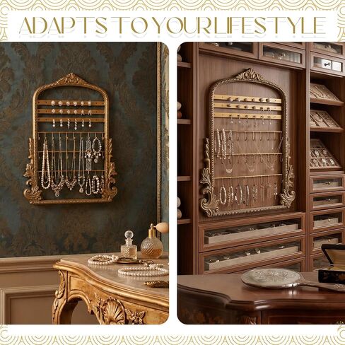 Wonderjune 20 x 15in Large Hanging Jewelry Organizer, Vintage Gold Arched Frame Earring Holder for Necklaces Rings Bracelets, Wall Mount Decorative Jewelry Rack for Vendors in Kuwait