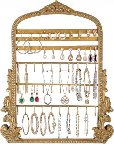 Wonderjune 20 x 15in Large Hanging Jewelry Organizer, Vintage Gold Arched Frame Earring Holder for Necklaces Rings Bracelets, Wall Mount Decorative Jewelry Rack for Vendors in Kuwait