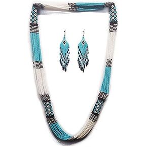 قلادة مطرزة بطبقات - قلادة شرابة من خرز البذور المصنوعة يدويًا من بوهو، قلادة بوهيمية كبيرة مطرزة للنساء والفتيات (فيروزي) in Kuwait