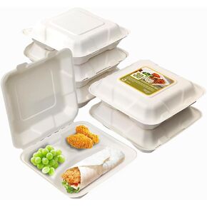 8X8 30 Pack Clamshell Take Out Food Containers, 3 Compartment To Go Containers with Lids,Disposable Compostable To Go Boxes Heavy-Duty Eco-Friendly Biodegradable (8 * 8 in, 3-Compartment)