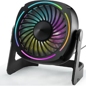 Punoge Small USB Desk Fan - 5.3 Inch Portable Table Fan with 3 Levels Air Flow, 8 Color LED Lights, 360° Rotation, Quiet Mini Personal Fan for Home Office Desktop