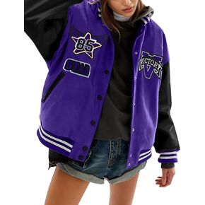 Kissonic Women's Varsity Jacket Casual Letter Print Jacket Oversized Baseball Bomber Jacket Vintage Outerwear