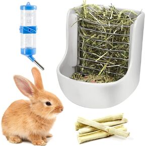 kathson Rabbit Hay Feeders Ceramic Food Bowl Rack Bunny Water Bottles Dispenser Small Animal Chew Twist for Rabbit Guinea Pig Chinchillas Hamsters