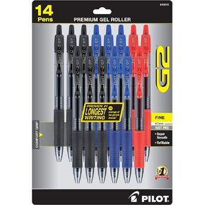 Pilot, G2 Premium Gel Roller Pens, Fine Point 0.7 mm, Blue, Black, Red, Pack of 14