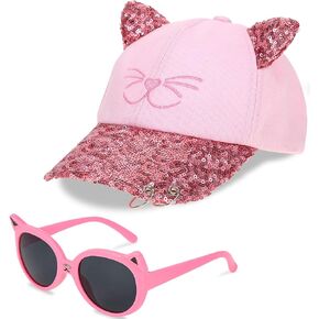 Girls Baseball Cap Kids Sunglasses Set,Adjustable Girls Hat Sequin Cat Ear Hat Cute Toddler Hat for Girls Ages 3-10Y(Pink)