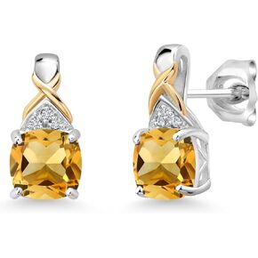 Gem Stone King 925 Sterling Silver and 10K Yellow Gold 6MM Cushion Gemstone Birthstone and White Lab Grown Diamond Earrings For Women