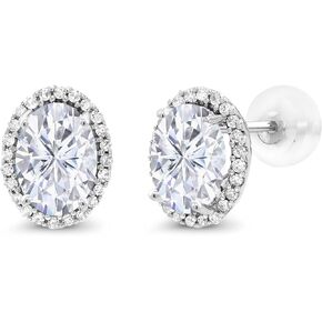10K White Gold Stud Halo Earrings Forever Brilliant Oval 2.14cttw Moissanite by Charles & Colvard and Diamond