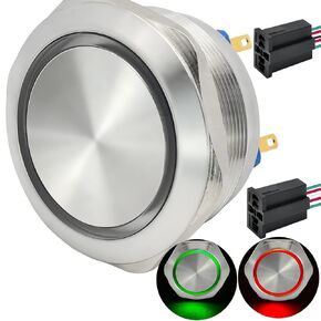 40mm Momentary Large Push Button Switch Big Head Start Switch 2 Color Double Light Red and Green LED 12V Waterproof 2NO 2NC DPDT for 1.57" Mounting Hole with Wire (Volts, 12)