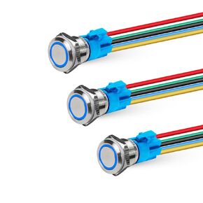 19mm Push Button Switch 12V 3A LED IP65 Waterproof Stainless Steel self-Recover Latching momentary Switch Flat Head Ring Illuminated 1NO1NC Contact(Pack of 3) (19mm momentary, Red x3)