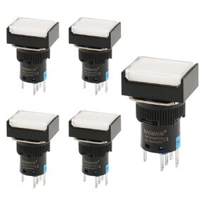 Baomain 5/8" 16mm Latching Push Button Switch Rectangular Cap LED Lamp White Light SPDT 5 Pin DC 5V Pack of 5