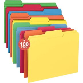 1InTheOffice Colored File Folders, Top-Tab File Folders, 3 Tab, 5 Assorted Colors, Letter Size, 100/Pack