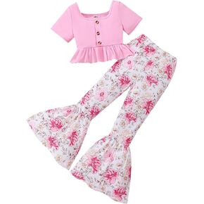 FERWANG Kids Little Girls Cute Summer 2 Piece Outfits Floral Ruffle Hem Bowknot Top & Plants Print Pants for 4-12Y