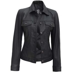 Fernando Women Black Leather Trucker Jacket | Solid Black Leather Women Jacket